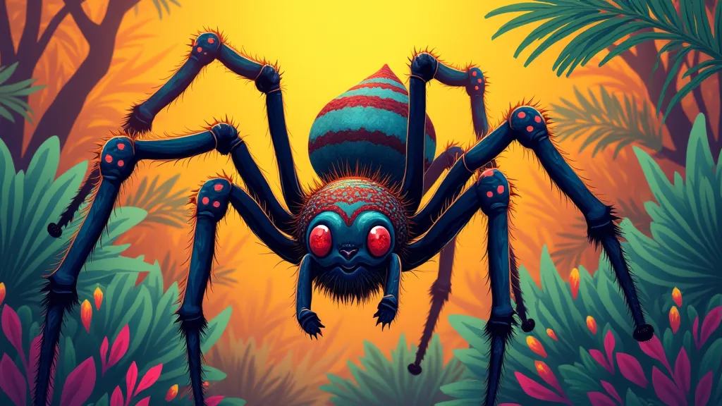 Anansi the spider depicted in a colorful, stylized Caribbean art style.