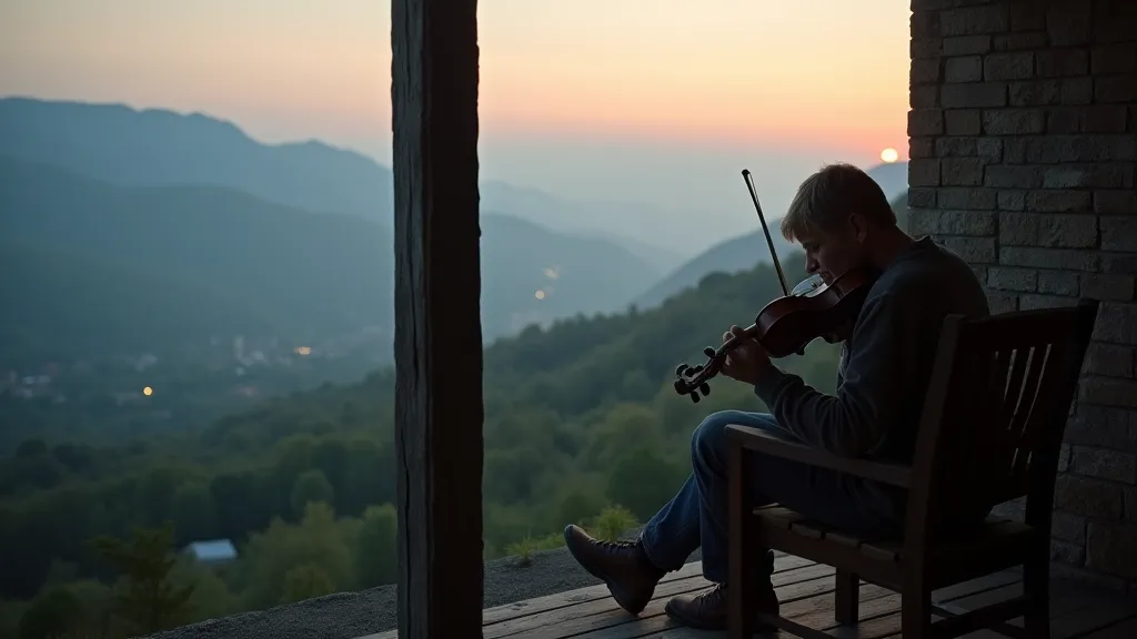 A figure playing a fiddle on a porch