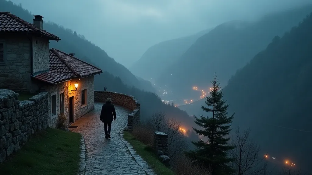 Misty Balkan village at twilight