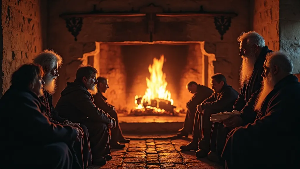 Balkan villagers telling stories around a fireplace