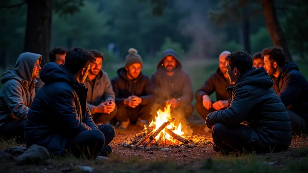 People listening to a storyteller around a campfire