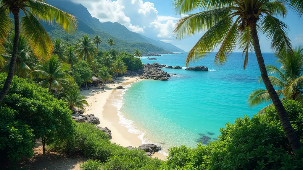 A lush, tropical Caribbean island landscape with a turquoise sea.