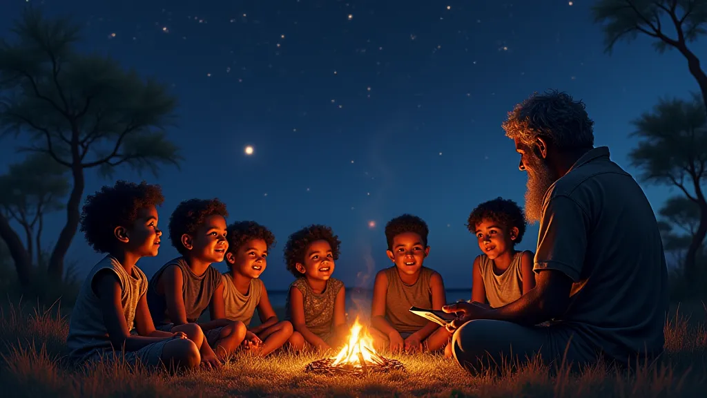 Children listening to a storyteller around a campfire