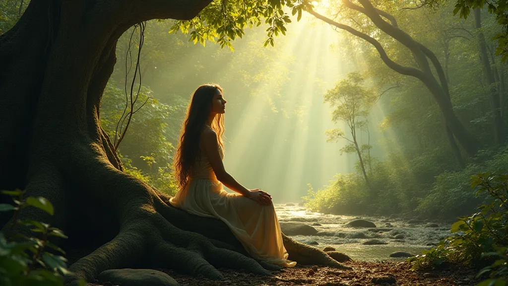 A serene depiction of a Diwata spirit residing in a lush rainforest.