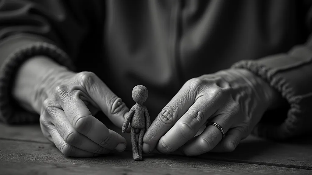 Weathered hands carefully repairing a wooden toy