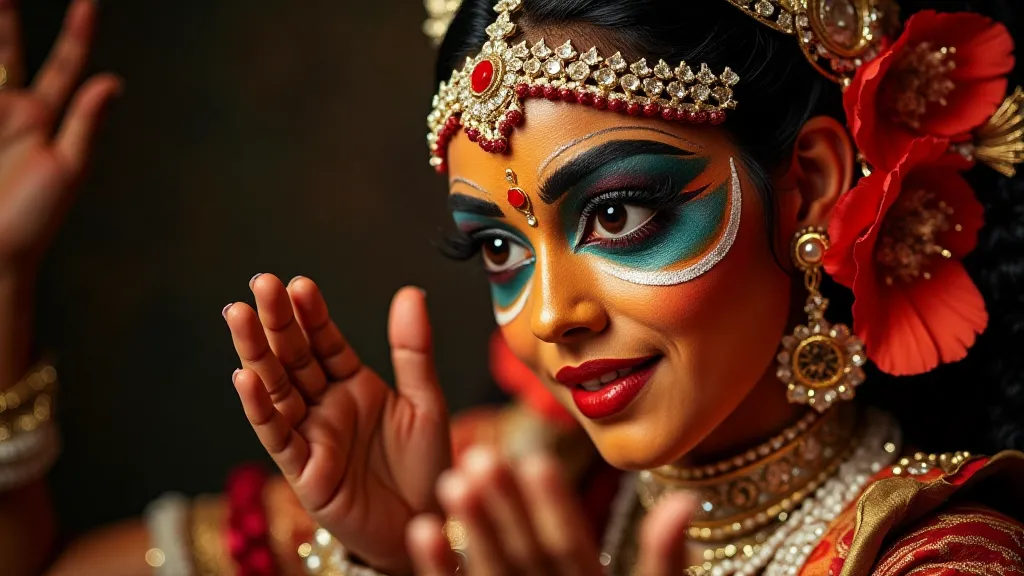 A Kathakali dancer in full costume and makeup, mid-performance.