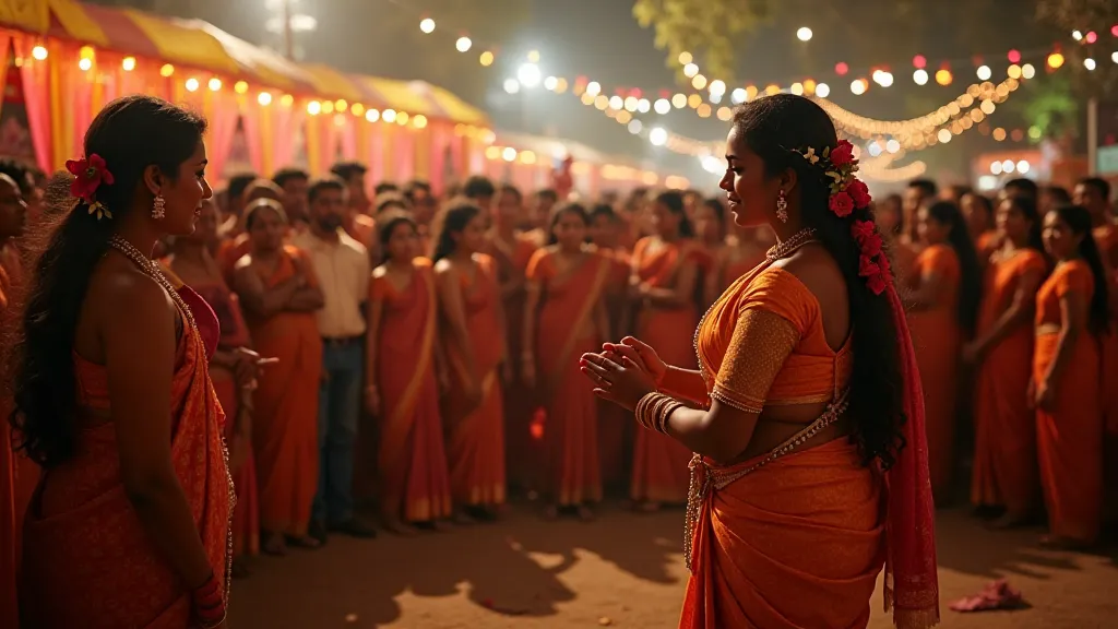 A scene from a Kerala festival, showing people gathered around a storytelling performance.