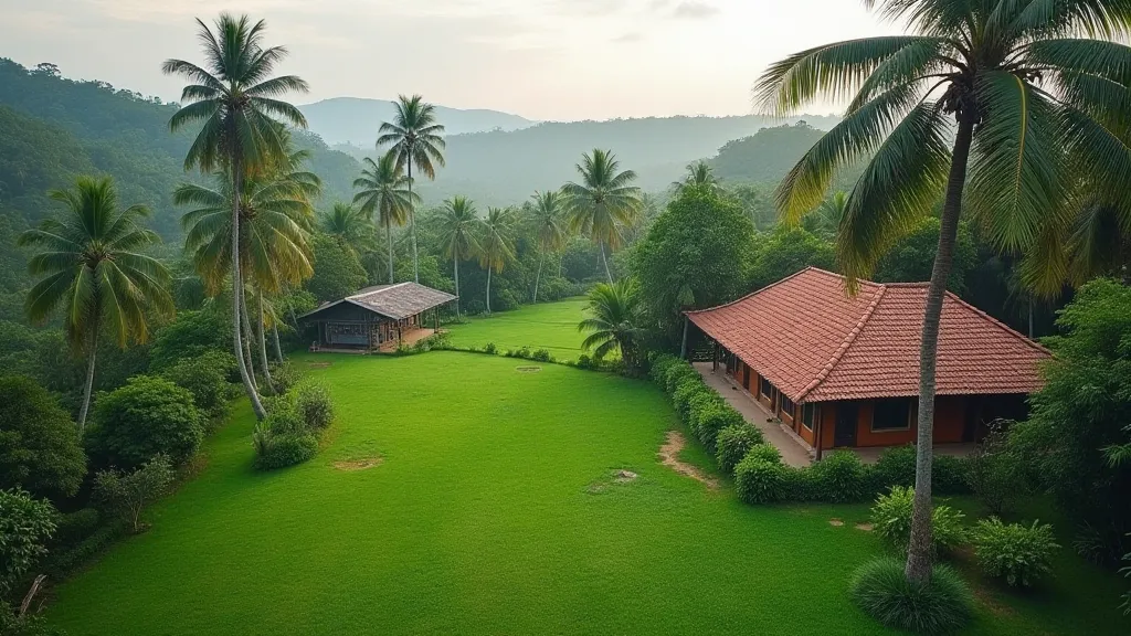 Lush green landscape of Kerala with a traditional Kerala house in the background.