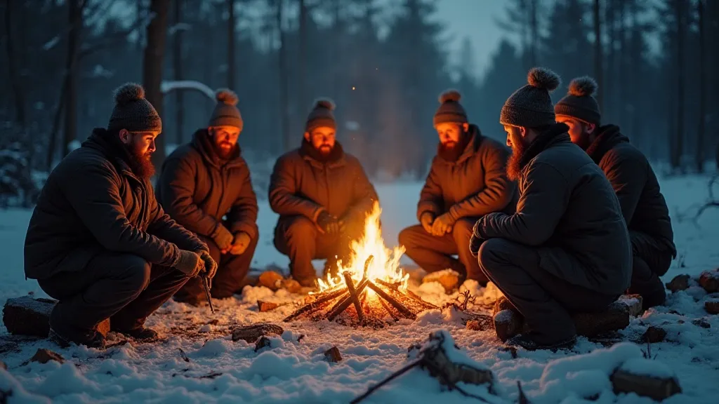 A group of lumberjacks sitting around a campfire in a snowy forest