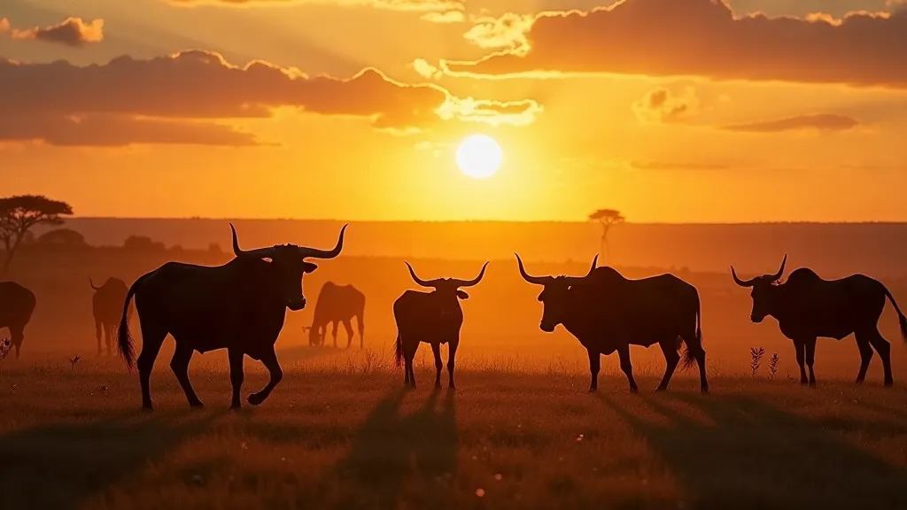 Herd of Maasai cattle grazing on the savanna.