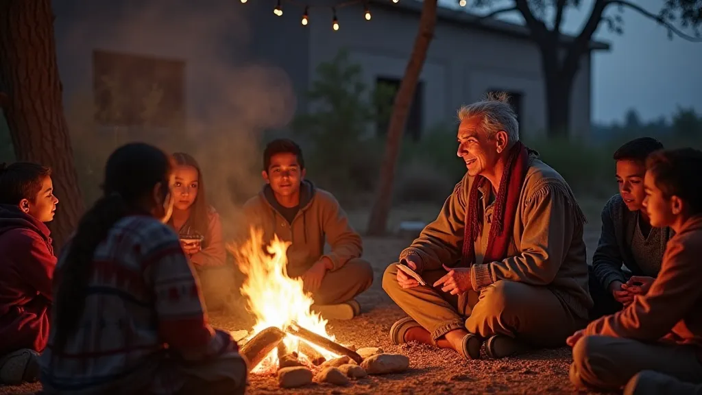 Navajo elder sharing stories around a campfire.