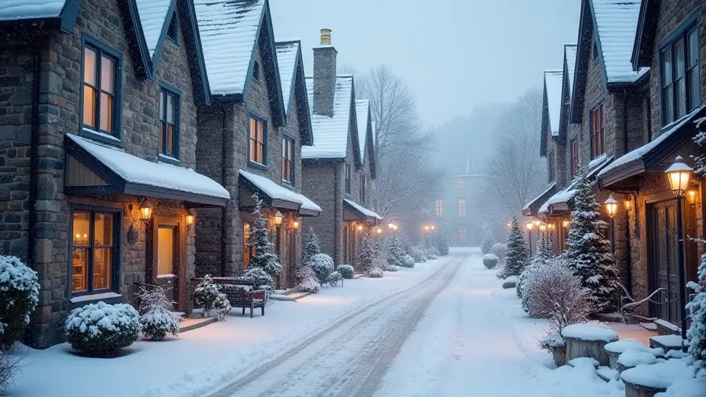 A picturesque winter scene in a traditional Quebec village