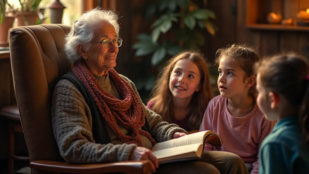 An elderly Quebecois storyteller recounting a tale to a group of children
