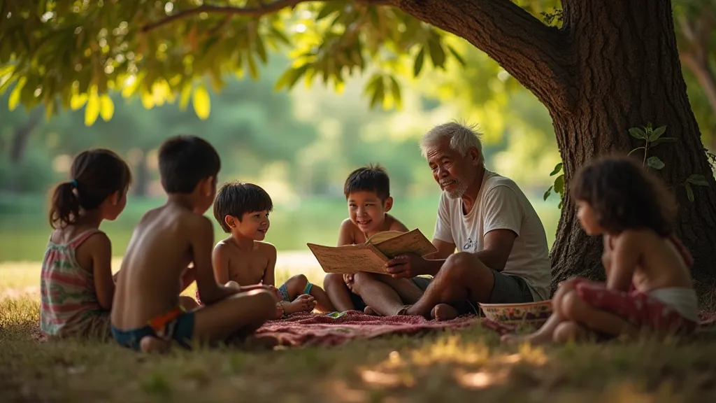 An elderly Filipino man sharing stories with a group of children.